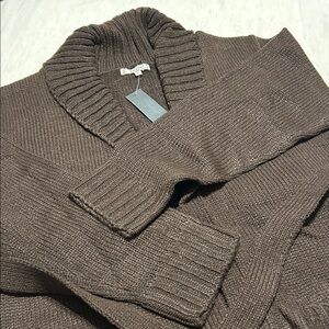 Focus Shawl-Collar Belted Knit Cardigan in Brown